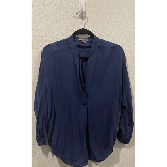 VINCE. Silk Banded Navy Collar Blouse